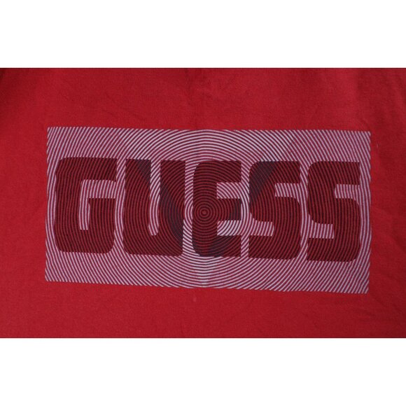 Vintage 90s Guess Mens 2XL Distressed Spell Out Box Logo Trippy T-Shirt Red - Picture 4 of 11